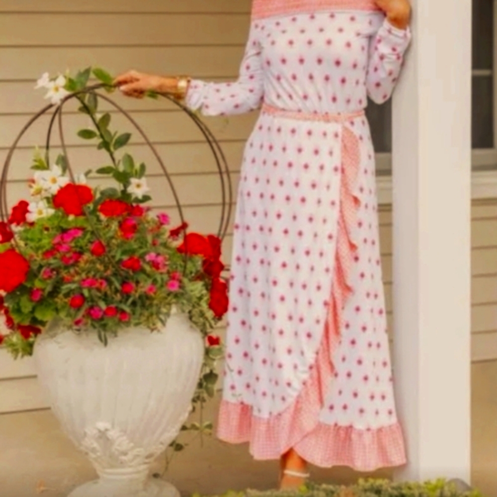 Cabana Life -Orange/White /Off the Shoulder- Long Sleeve/Ruffle Slit Maxi Dress - Picture 9 of 12